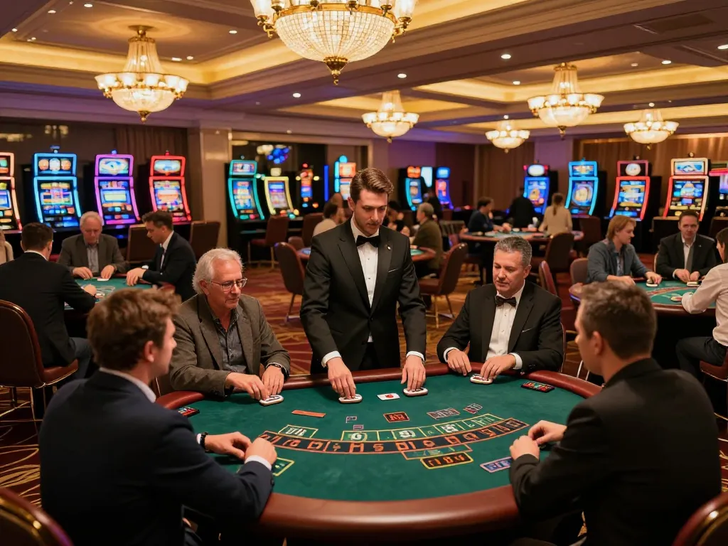 Players engaging in an exciting blackjack game at xoso66com's upscale casino venue, warm lighting enhancing the thrilling atmosphere.