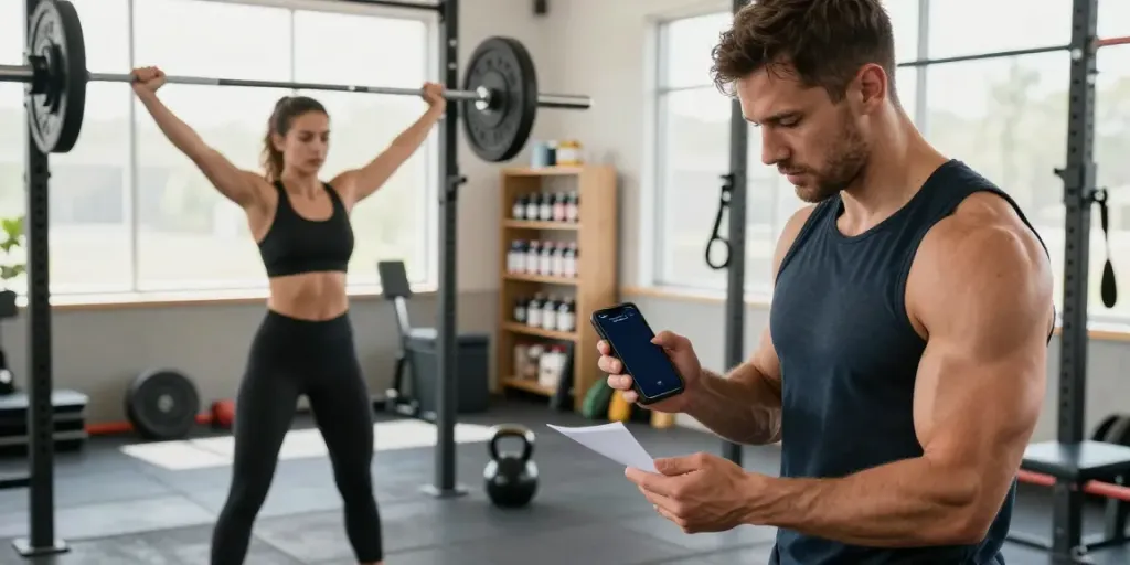 Escena de gimnasio con atletas usando suplementos de Nandrolona Farmacia durante su entrenamiento.