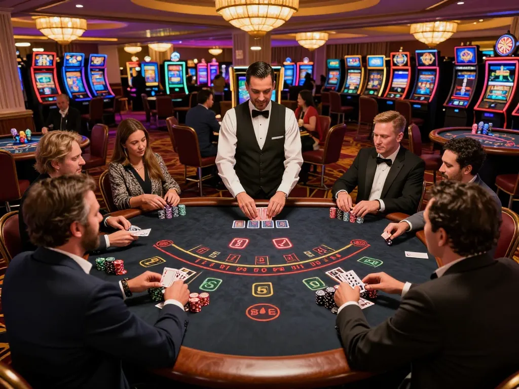 Players at fa88vn enjoy a thrilling blackjack game in an upscale casino environment, showcasing strategic betting.