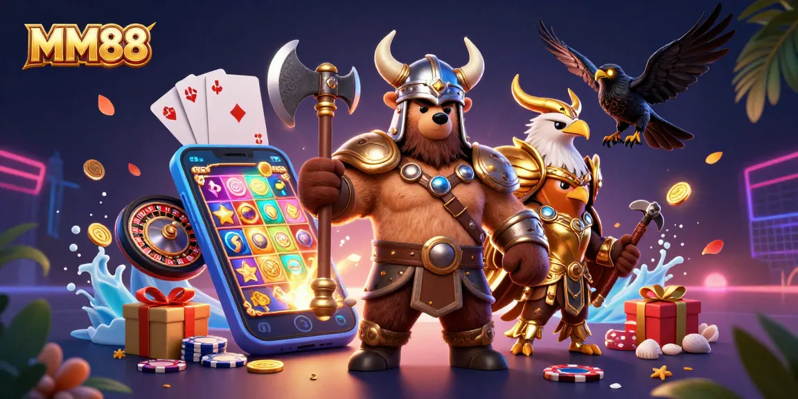 MM88 illustrates a thrilling casino scene with a Viking bear and Valkyrie eagle amidst exciting gaming elements.