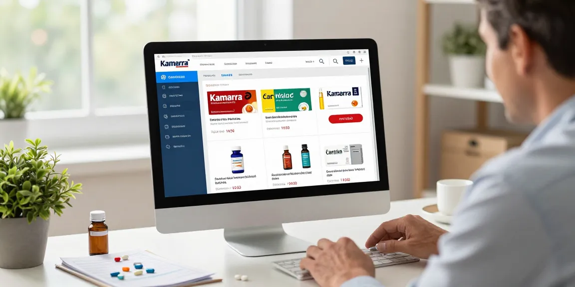 Comprando Kamagra online in a welcoming pharmacy environment with clear product display and a satisfied customer.