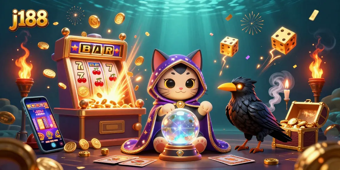 Experience the magic of j188 with a vibrant casino scene, featuring a fortune teller cat and treasures galore.