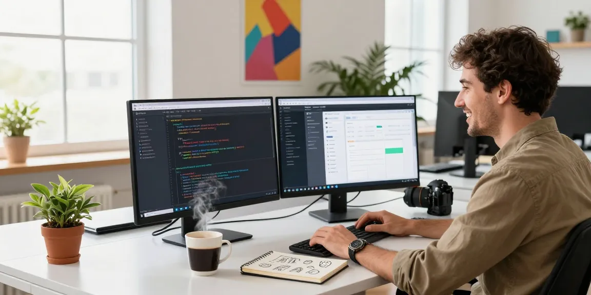 Developer coding on Telegram Web Version interface in a modern workspace.