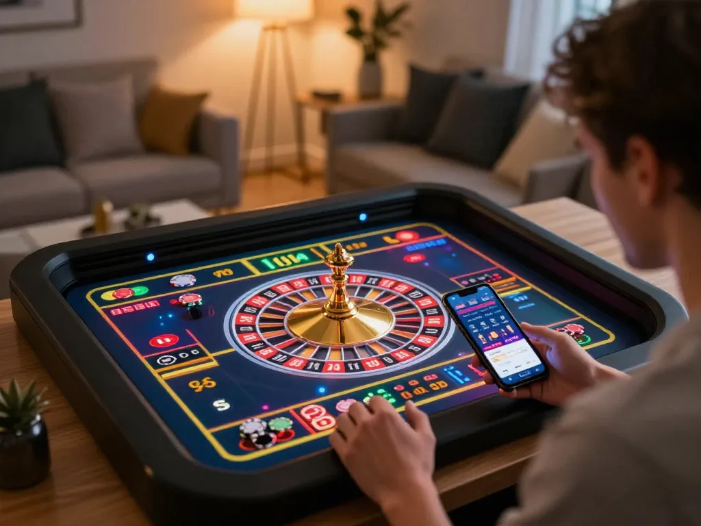 Engaging gameplay at xx88 online casino showing roulette on smartphone in a stylish home