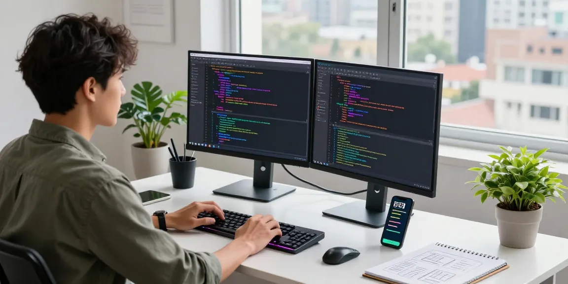 Dynamic workspace showcasing a software developer at their desk, with the WPS Official Website open on secondary monitor, coding environment and modern tech elements.