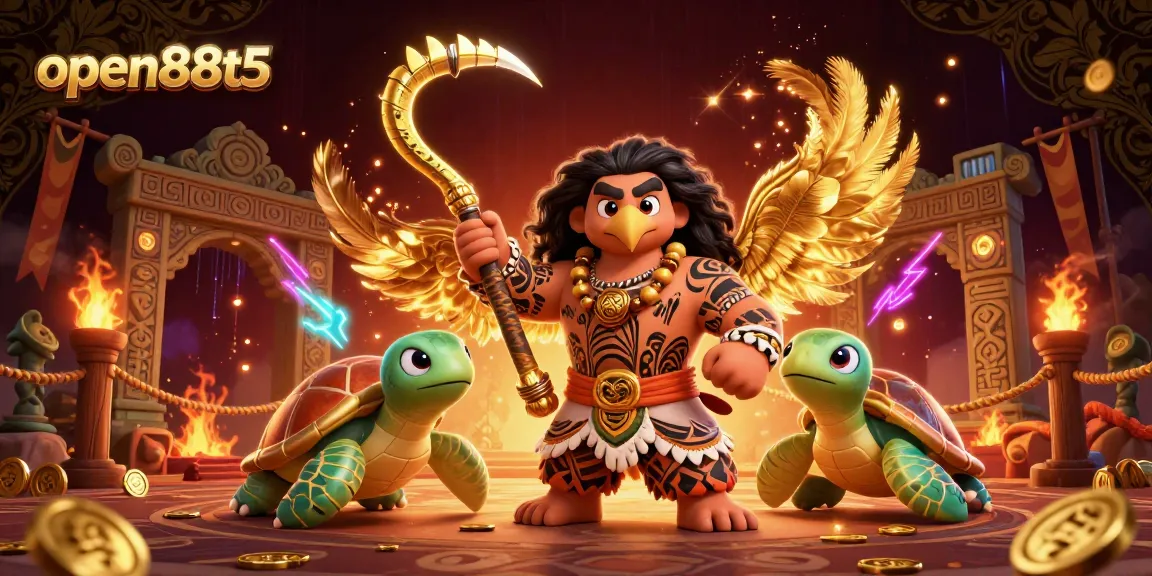 Engage in thrilling gameplay with open88t5, featuring a vibrant 3D illustration of a demigod hawk and turtle sidekick.