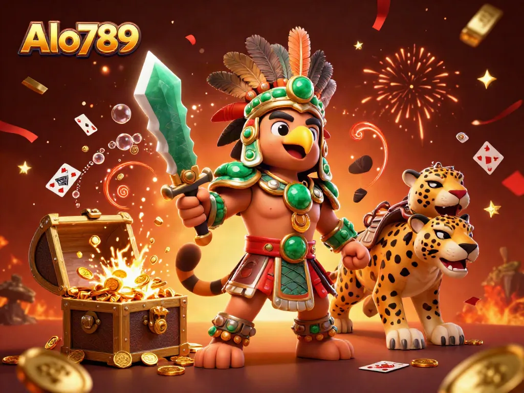 Experience Alo789 with an engaging 3D illustration showcasing Aztec warriors and cockfighting elements amidst casino imagery.