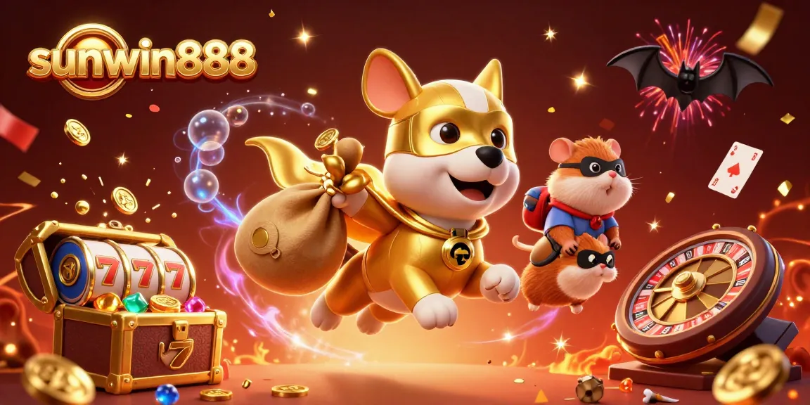 Sunwin888's superhero dog and sidekick bring excitement with gold coins amid poker chips and slot reels.
