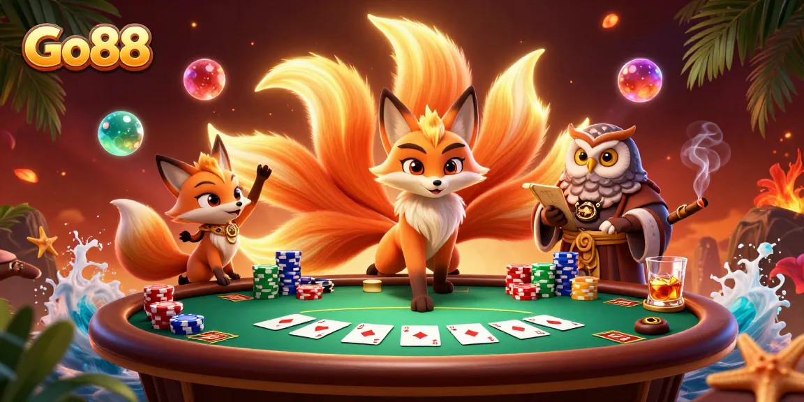 Engage in thrilling poker action with Go88's vibrant illustration featuring a nine-tailed fox and wise owl.