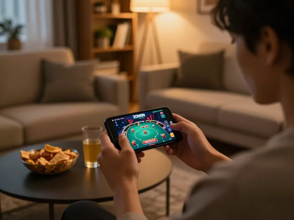 Engaged player strategizing on the ZOWIN app for a live casino game in a cozy home setting.