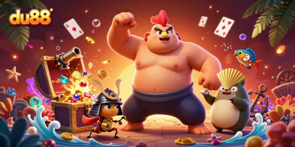 Engage with du88's dynamic gaming experience featuring colorful 3D casino elements and characters.