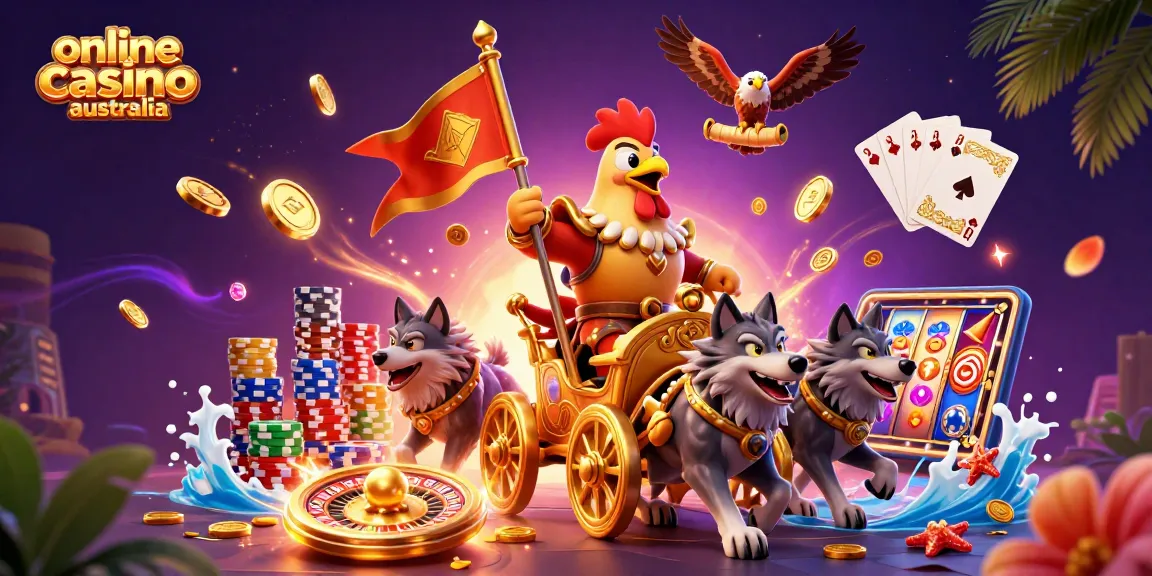 Engage in online casino Australia with a dynamic 3D scene of a rooster warlord and spinning roulette.