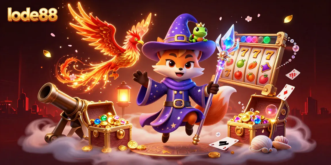 Experience the thrill of lode88 with this vibrant 3D casino illustration featuring a wizard fox and phoenix.