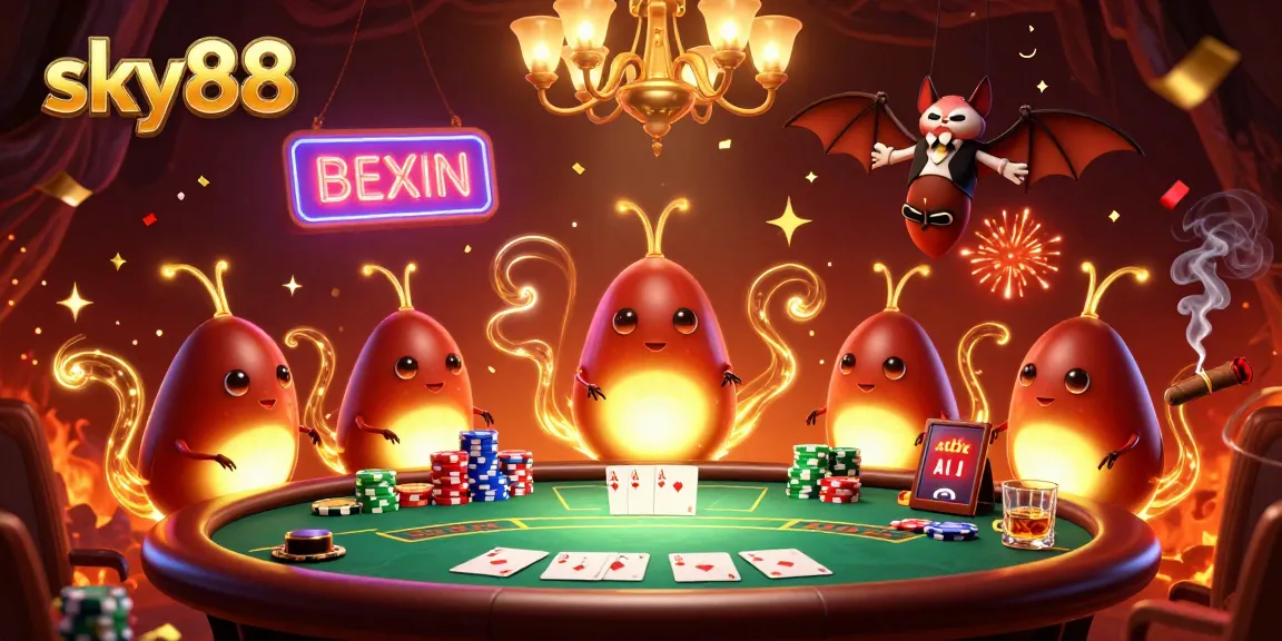 sky88 glowworms illuminate a vibrant cave casino with poker elements and a bat dealer.