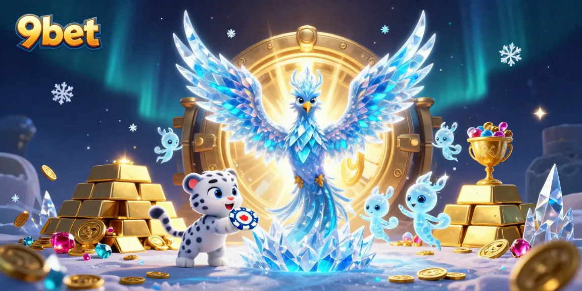 Experience the thrill of 9bet with a vibrant ice phoenix and treasure in a dazzling casino scene.