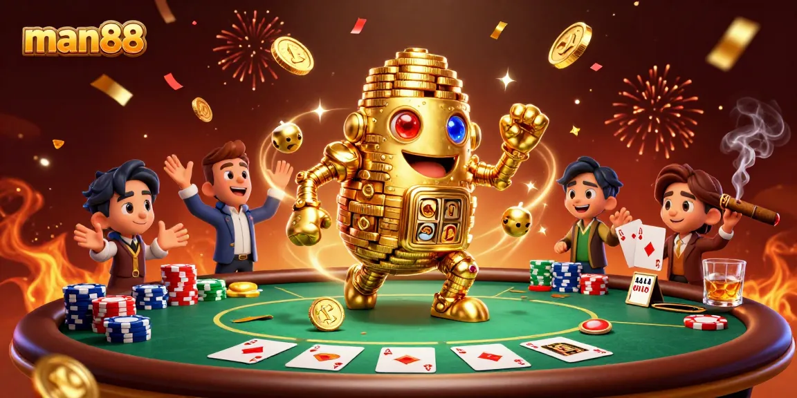 Experience the excitement of man88 with a dynamic poker scene featuring stacked chips and golden coin sprites.