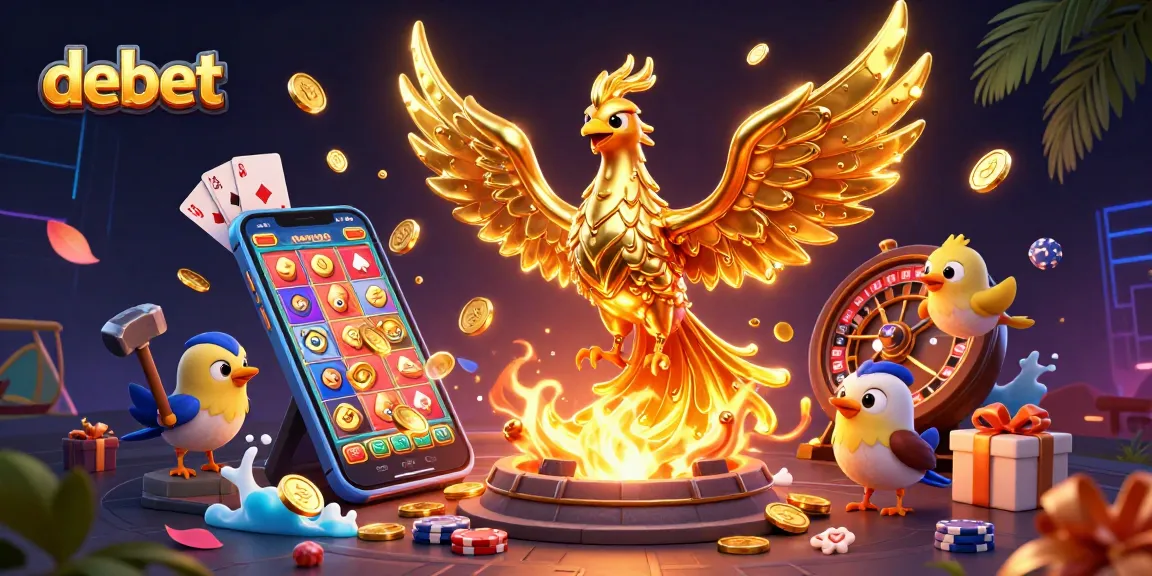 Experience thrilling wins with debet's vibrant casino games featuring a molten golden phoenix and lively gaming elements.