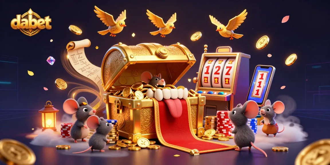 dabet showcases a rich 3D casino scene with a treasure chest, sparkling gems, and slot reels.