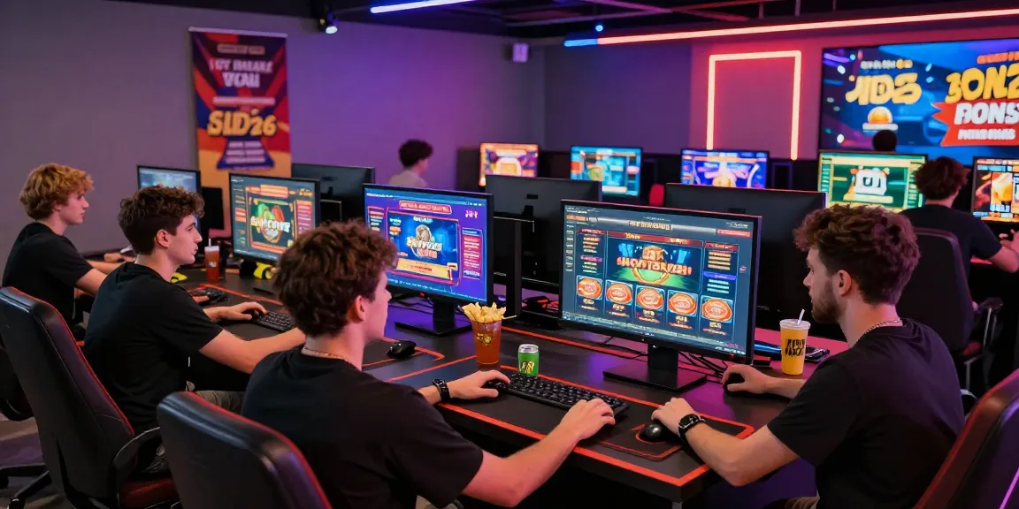 Players engaging with Slotrave casino games in a lively gaming lounge full of energy and excitement.