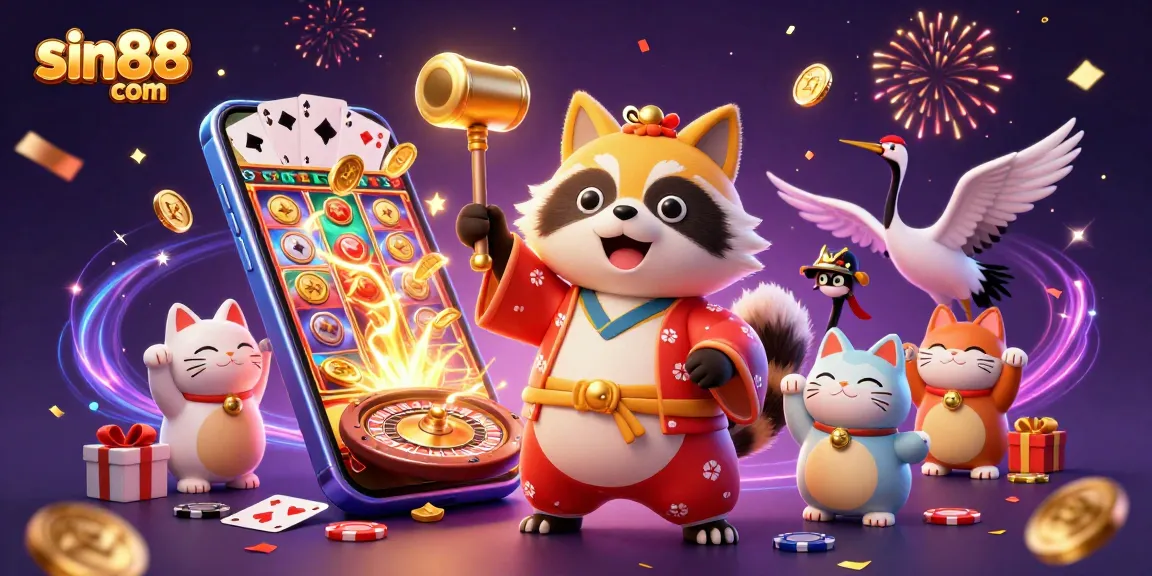 Spin and win at sin88 com with a festive 3D illustration featuring a lucky tanuki and maneki-neko cats.