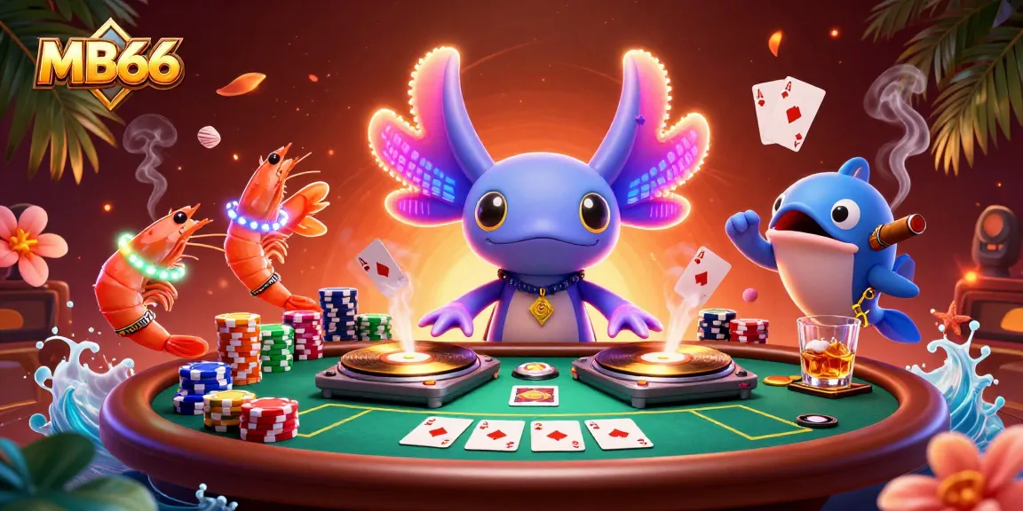 Experience MB66's vibrant casino atmosphere with a neon axolotl DJ and lively game elements.