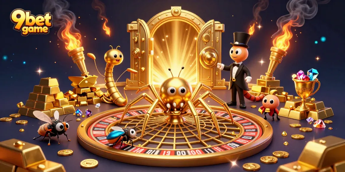 Experience the thrill of the 9bet game with a golden spider and a centipede croupier in this vibrant casino scene.