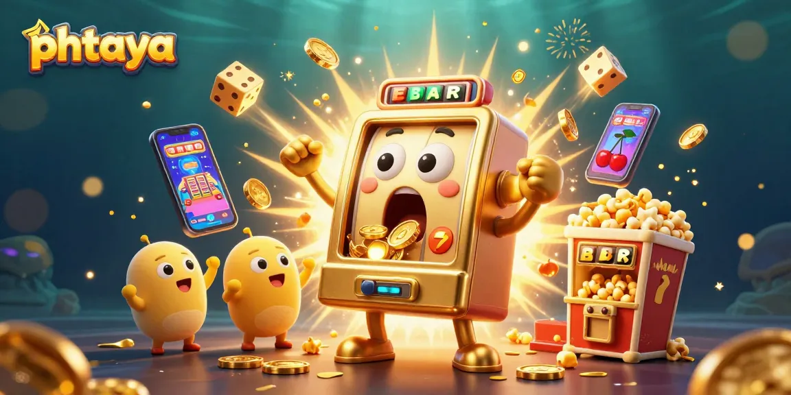 Phtaya showcases a captivating casino scene with a golden slot machine celebrating its jackpot amidst vibrant gaming elements.