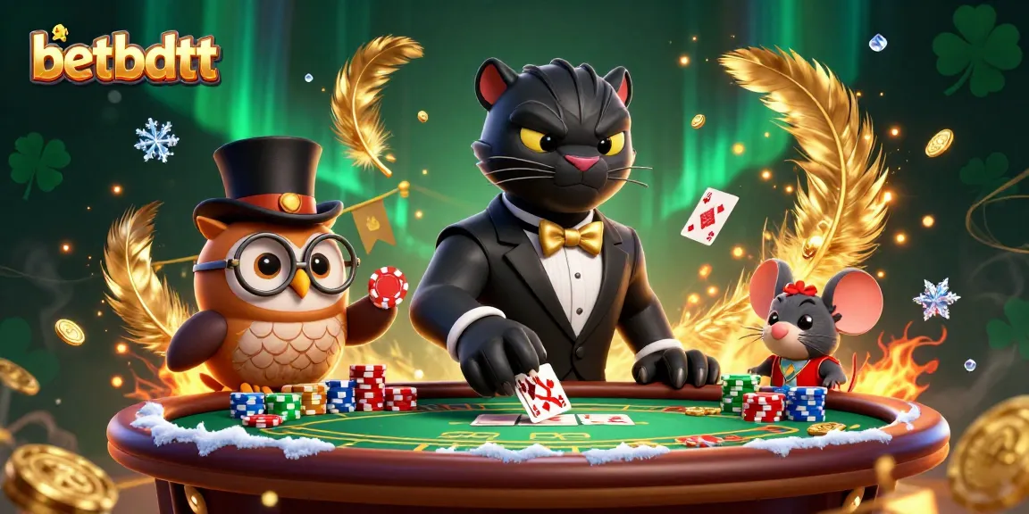 Experience the thrill of betbdtt with a stylish panther dealing cards at a lively poker table surrounded by charm and excitement.