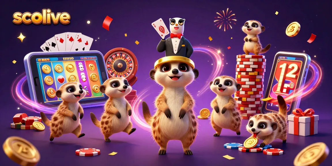 Socolive features a lively meerkat casino scene, showcasing exciting gambling elements like chips and slot games.