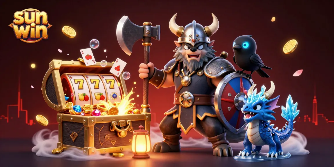 Experience thrilling wins with sun win as Viking warriors and dragons guard treasure in a vibrant casino scene.
