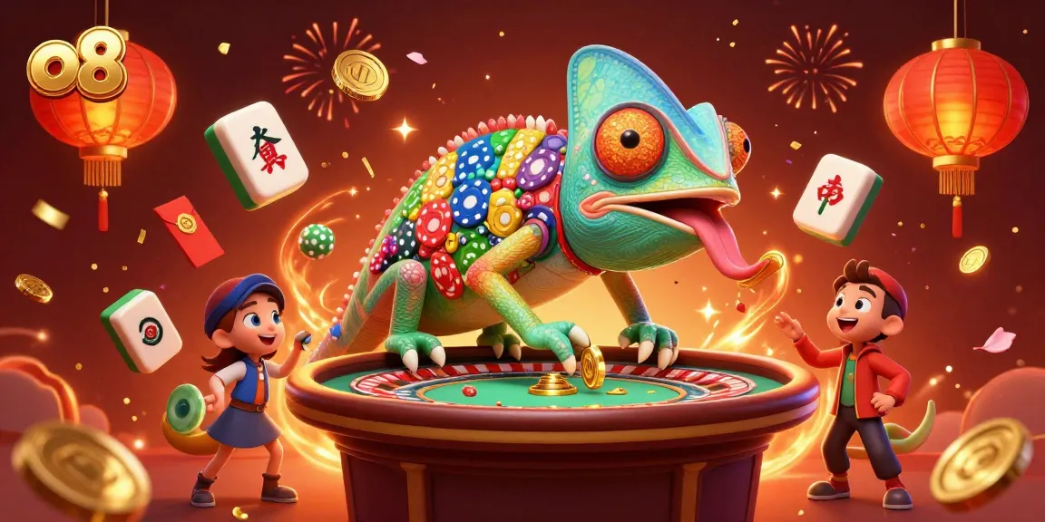 Catch exciting moments at o8 casino with a vibrant chameleon character capturing golden coins and festive energy.