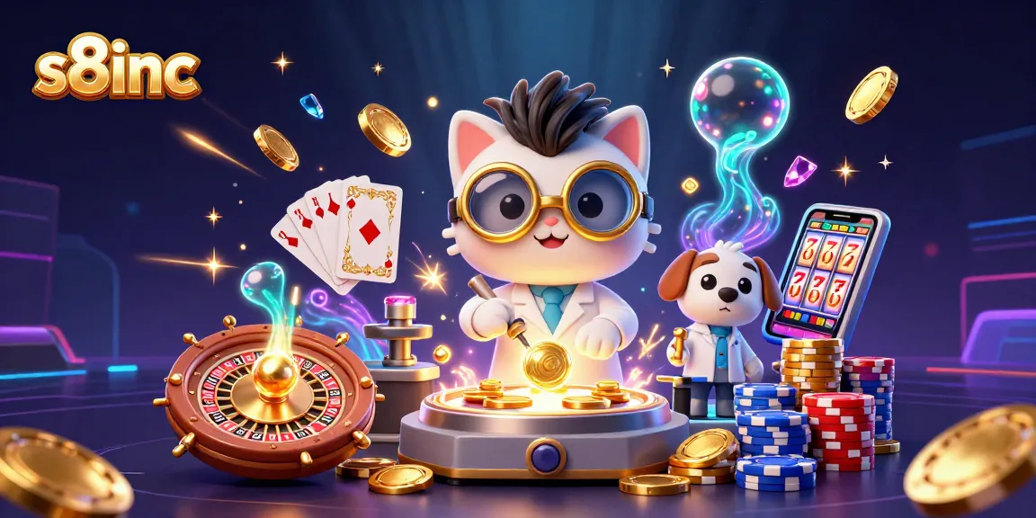 Experience gambling excitement with s8inc - 3D mad scientist creating gold coins in a vibrant casino scene.