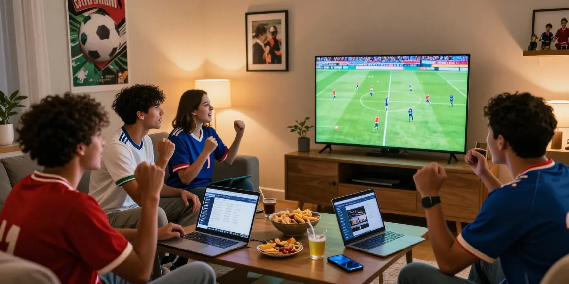 Friends enjoying a lively sports night watching rojadirectatv in their cozy living room.
