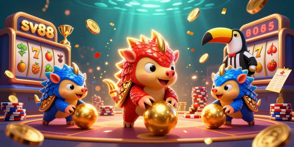 Play exciting slots with sv88 amidst a vibrant scene of pangolin rivals and dynamic gaming elements.