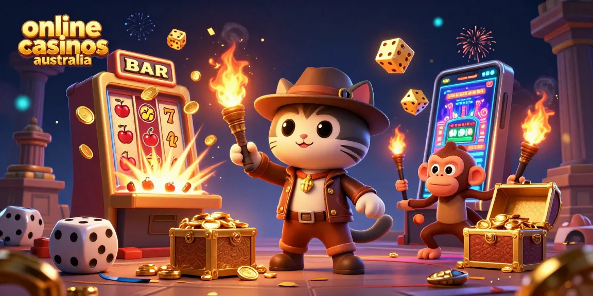 Explore the immersive world of online casinos Australia with a dynamic casino adventure illustration.