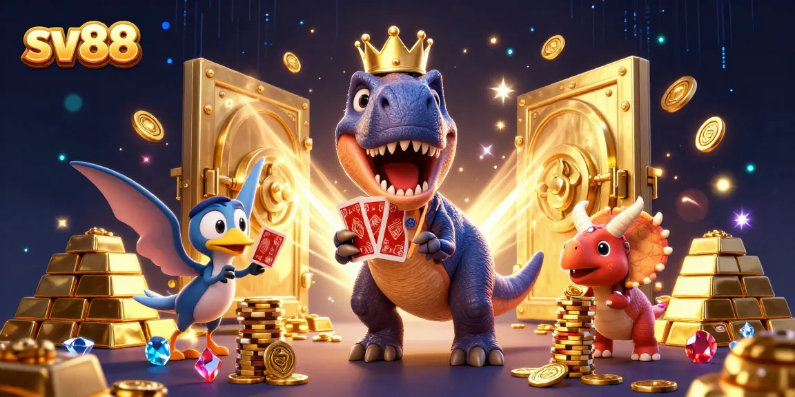 Engage with sv88 as a cartoon T-Rex shuffles cards, surrounded by golden treasures and game elements.