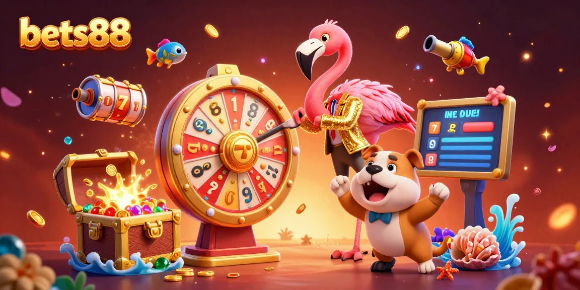 Experience the excitement of bets88 as the flamingo game show host spins a golden prize wheel amidst colorful casino elements.