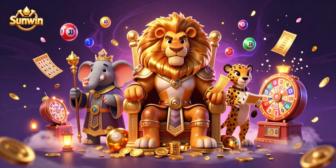 Experience excitement with Sunwin as the lion king and friends animate lottery fun in vibrant settings.