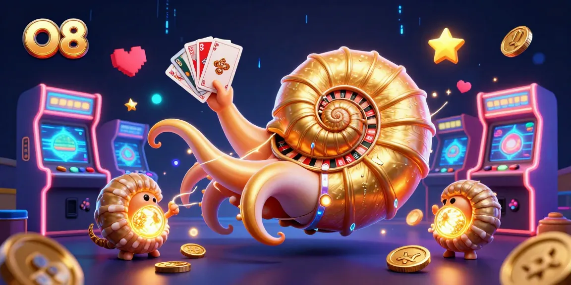 Engage in thrilling games at O8, featuring a vibrant 3D casino illustration with a giant nautilus and glowing game elements.