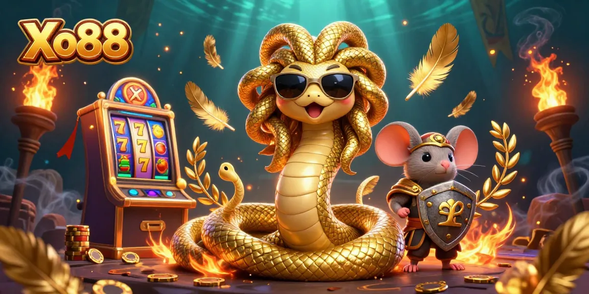 Engage in thrilling gameplay at Xo88 with Medusa and warrior characters amidst vivid slot symbols.