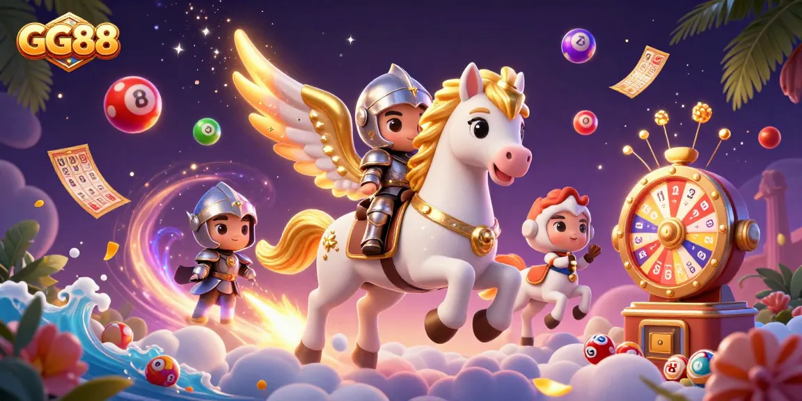 Enhance your play with GG88's vibrant games featuring a celestial horse galloping through colorful lottery elements.