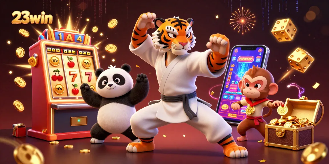 Experience thrilling wins at 23win: a vibrant 3D casino scene with kung fu characters celebrating jackpots.