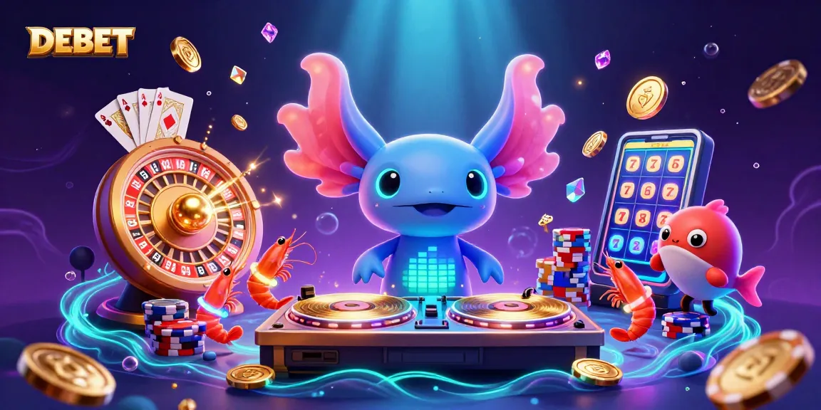 Experience the vibrant world of DEBET casino with DJ axolotl, shrimp dancers, and shimmering gems.