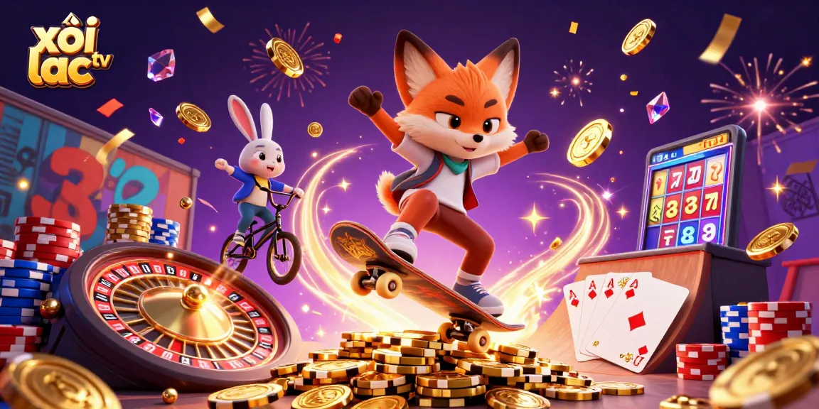 Spin luck with xôi lạc tv featuring a vibrant scene of a skateboarding fox and rabbit amid casino elements.