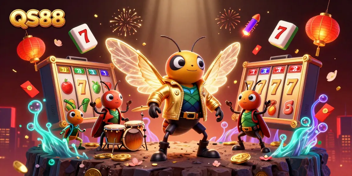 Play exciting slots in QS88, depicted by a vibrant 3D scene of a cicada rock star.