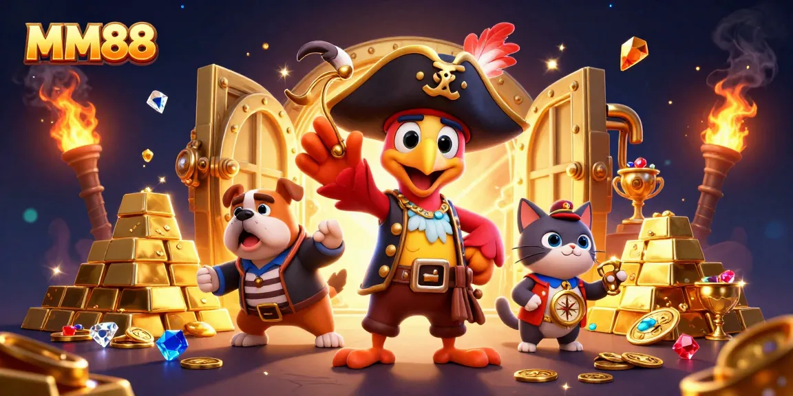 MM88 pirate captain oversees a treasure hunt in a vibrant casino-themed illustration.