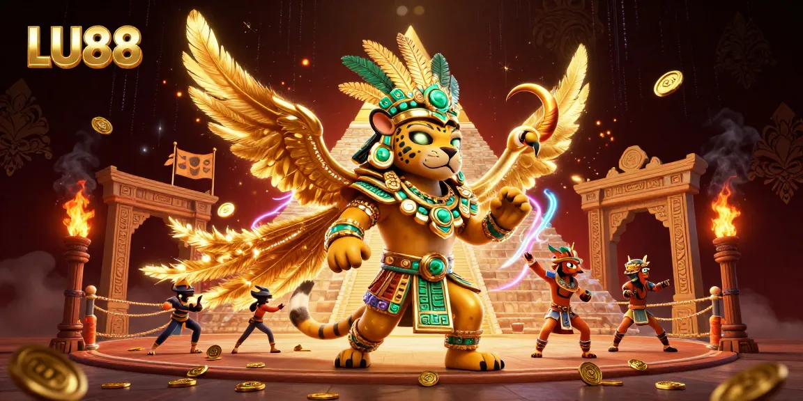 Win big with LU88 at a vibrant online casino featuring majestic characters and gold coins.