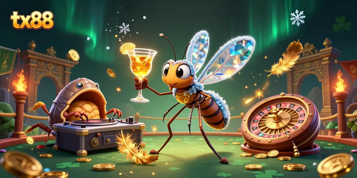 Experience tx88 with a vibrant 3D casino scene featuring a unique mosquito mascot, DJ trilobite, and golden roulette wheel.