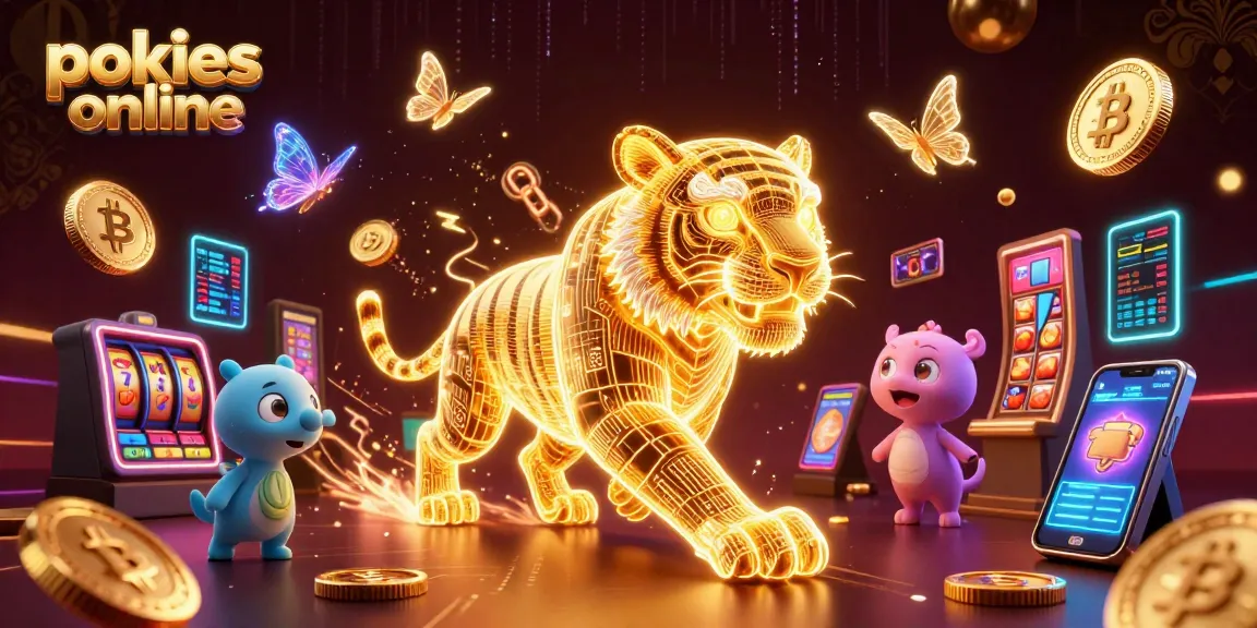 Experience pokies online with vibrant, animated slot machines and crypto elements in a digital casino.