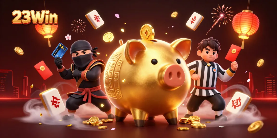 Engage with 23Win in a vibrant scene featuring colorful game symbols and unique characters.